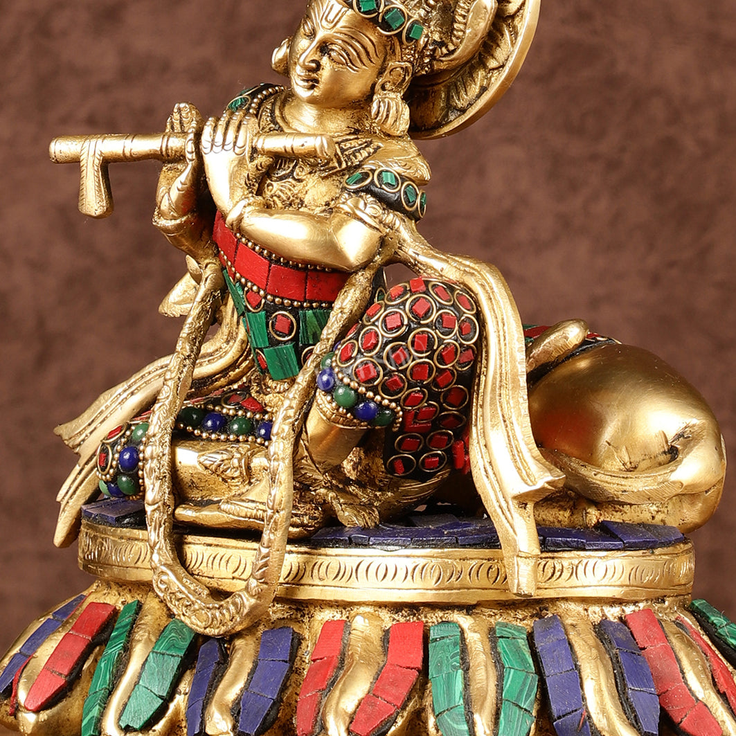 Lord krishna seated with cow brass idol with stonework 7.5 inch