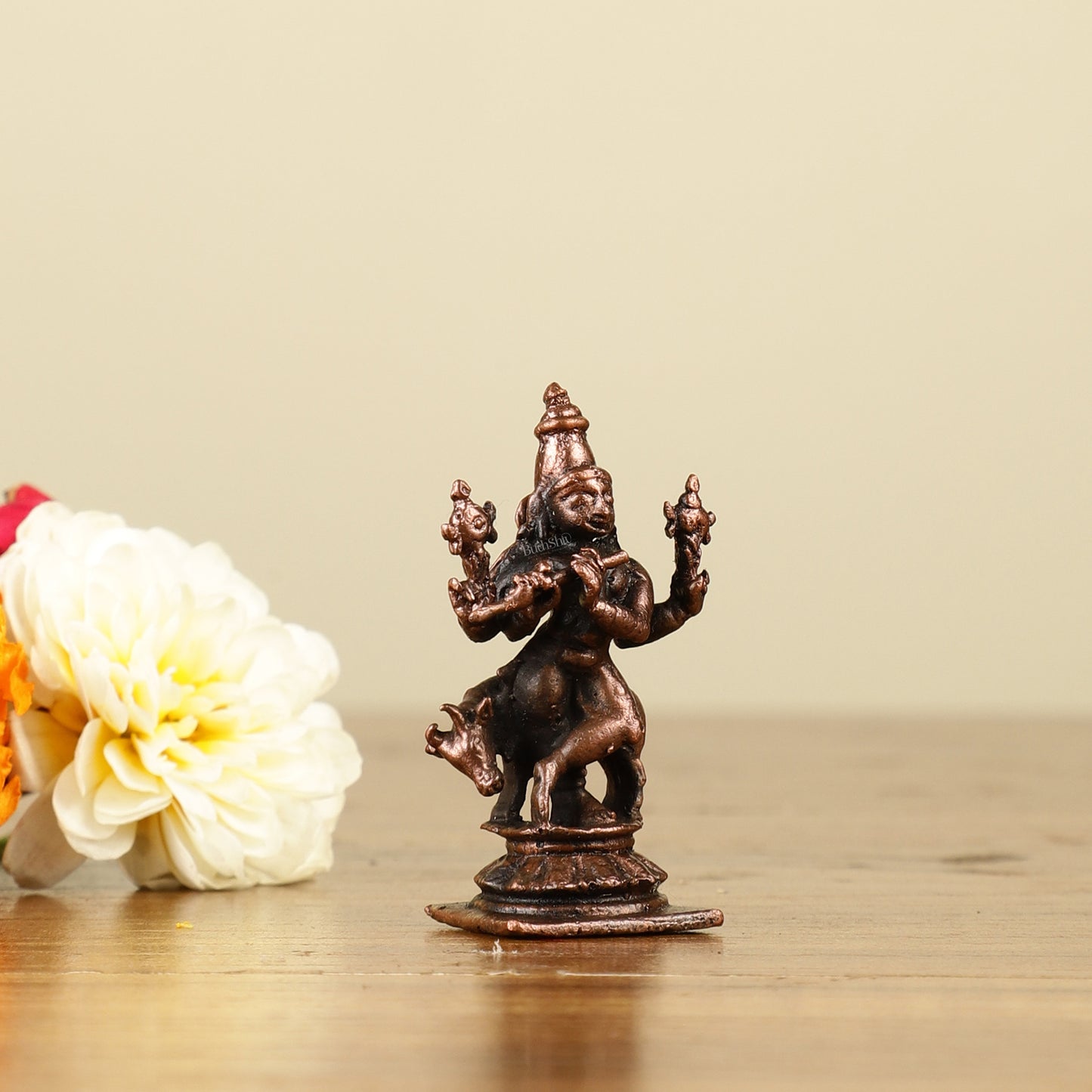 Pure Copper Miniature Lord Krishna with Cow Idol 2"