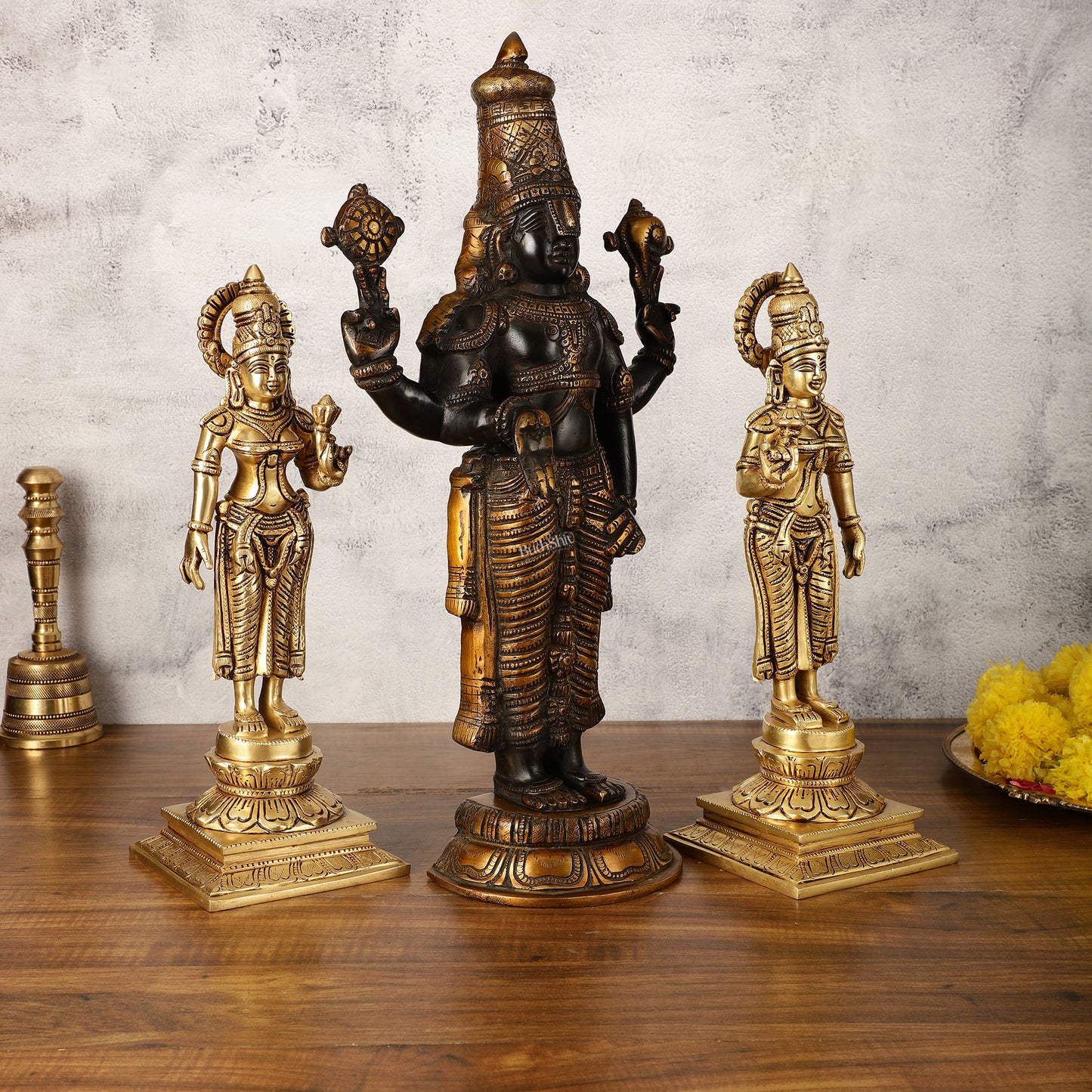 Brass Superfine Handcrafted Idols of Tirupati Balaji , Bhudevi, and Sridevi 18"