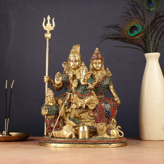 Handmade Brass Lord Shiva Parivaar Idol 10" with stonework