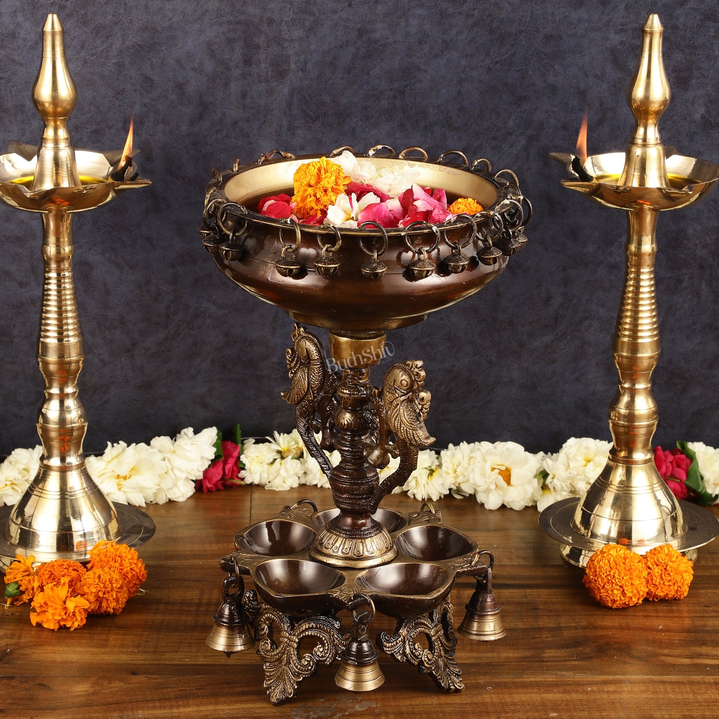 Pure Brass Urli with Stand Diyas - Antique Finish | 13 Inch