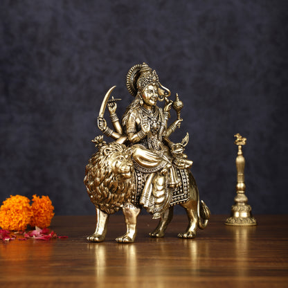 Brass Superfine Goddess Durga Ambe Mata Sitting on Lion - 8" Tall