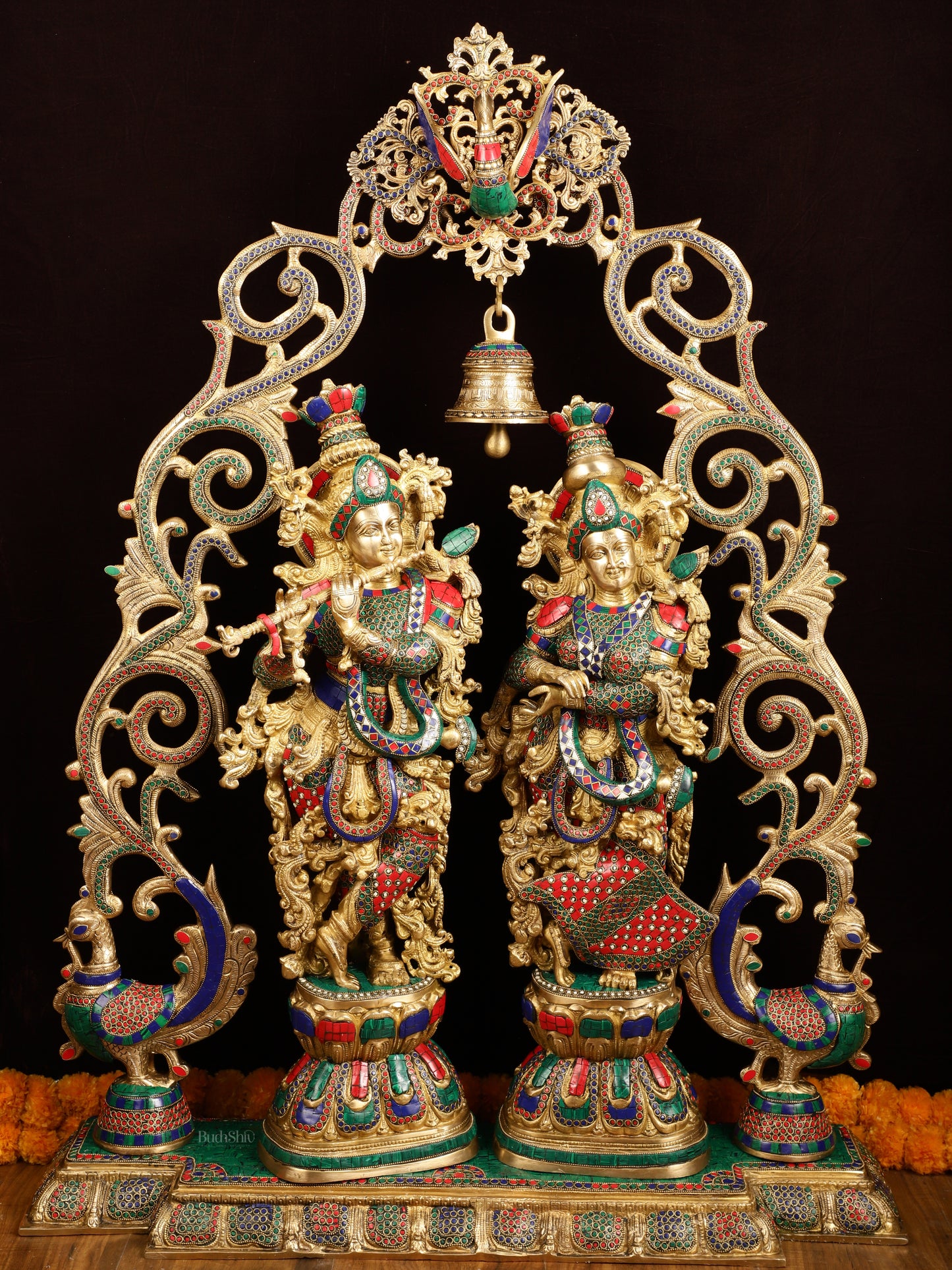 45" Outstanding Brass Radha Krishna with Peacock Temple Arch Meenakari Marvel