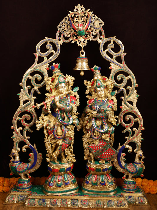 45" Outstanding Brass Radha Krishna with Peacock Temple Arch Meenakari Marvel