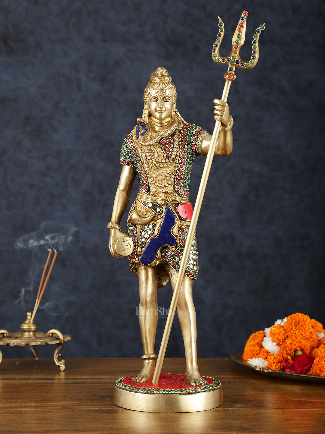 Brass lord Shiva standing Statue with Damru and Trishul – 18" Height, Meenakari Stonework