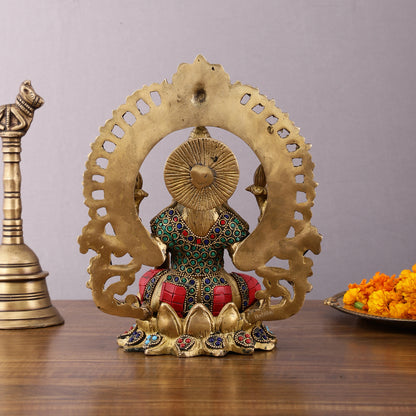 Pure Brass Lakshmi Idol with Meenakari Stonework 9.5"