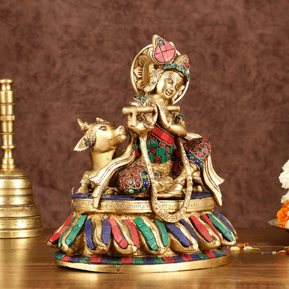 Lord krishna seated with cow brass idol with stonework 7.5 inch