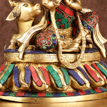 Lord krishna seated with cow brass idol with stonework 7.5 inch