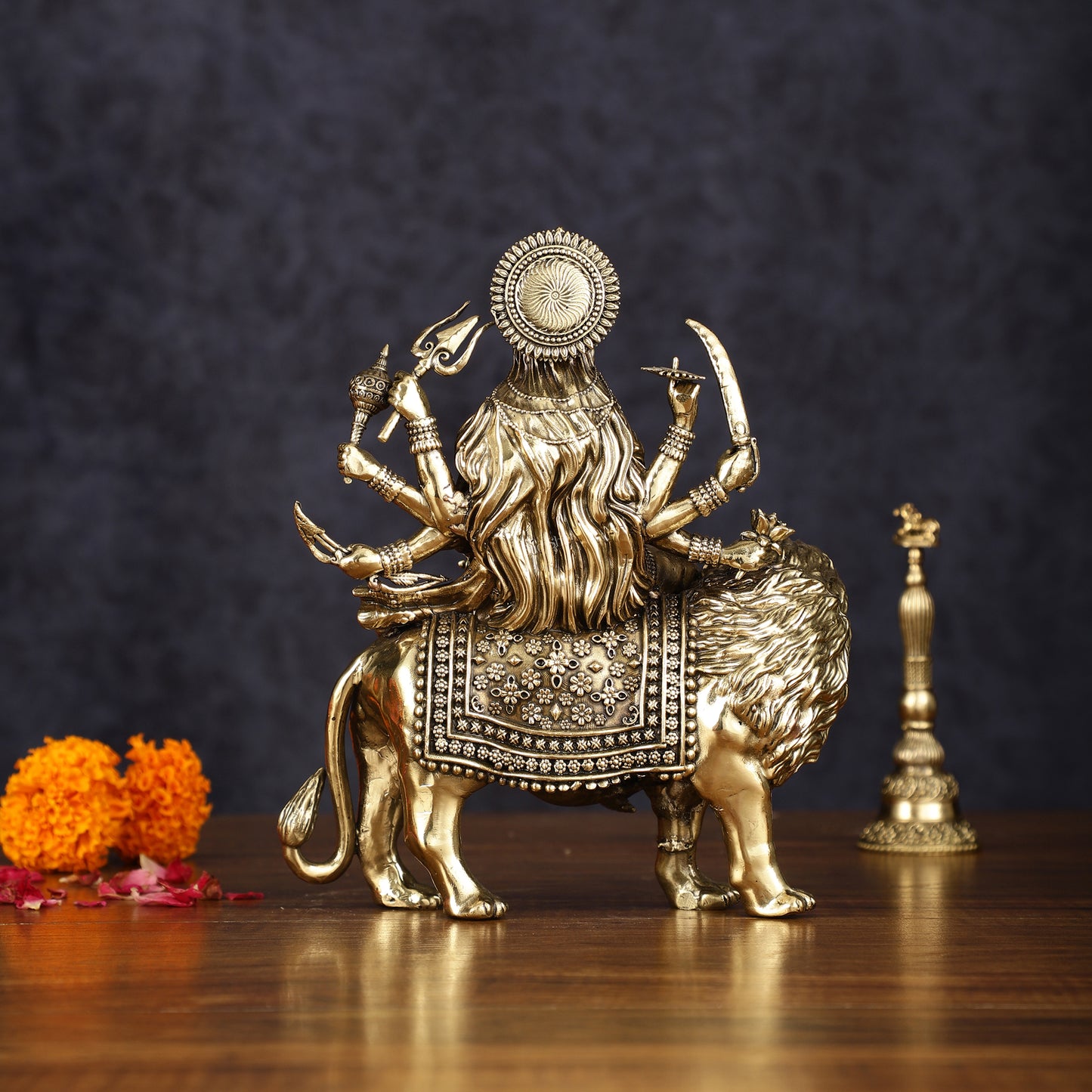 Brass Superfine Goddess Durga Ambe Mata Sitting on Lion - 8" Tall