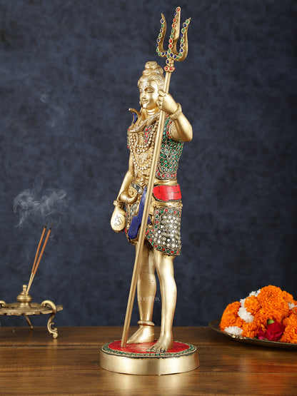 Brass lord Shiva standing Statue with Damru and Trishul – 18" Height, Meenakari Stonework