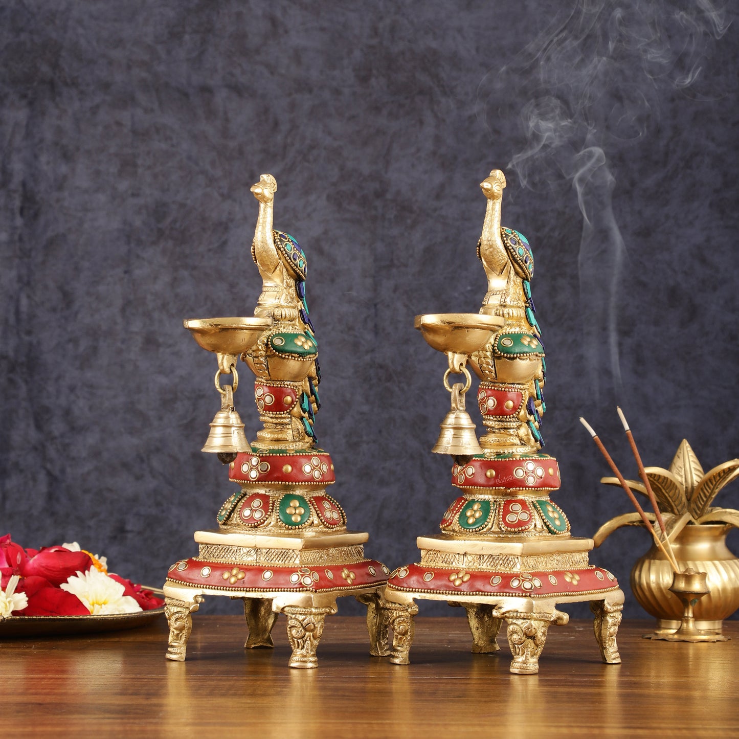 Pure Brass Peacock Diya with Meenakari Work - Pair, 11" Height