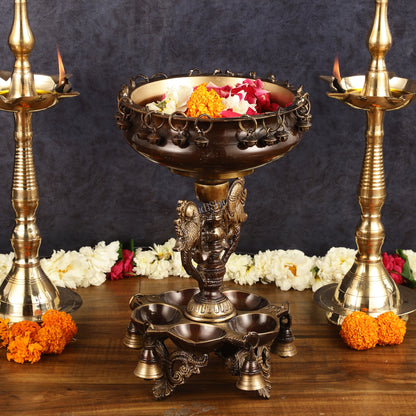 Pure Brass Urli with Stand Diyas - Antique Finish | 13 Inch