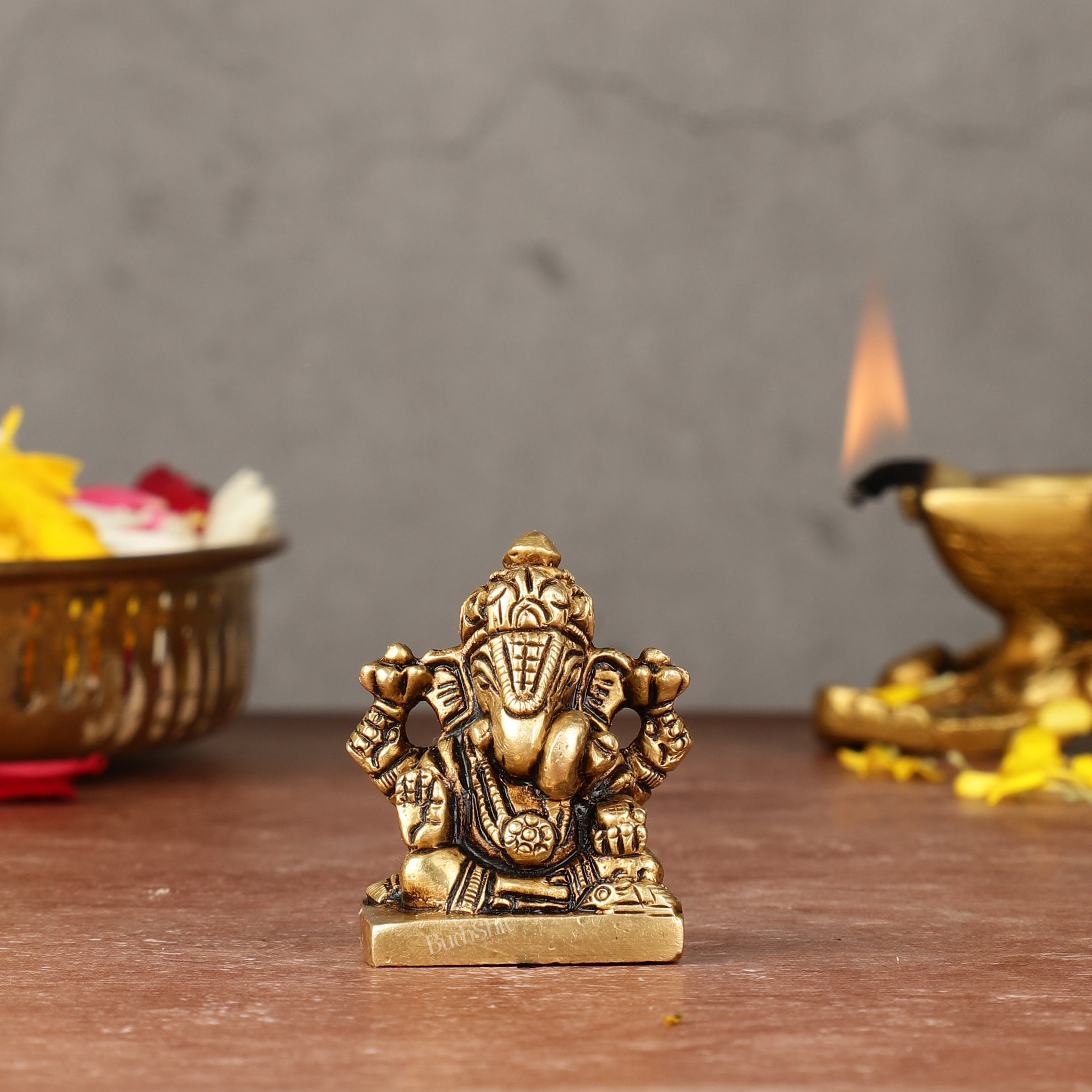 Brass Superfine small miniature Dagduseth Ganapati Idol - 2