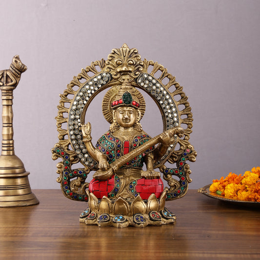 Pure Brass Saraswati Idol with Meenakari Stonework 9.5"