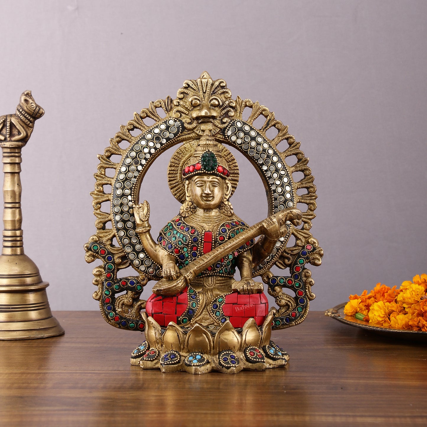 Brass Ganesha, Lakshmi, and Saraswati Idols with Meenakari Stonework 9.5"