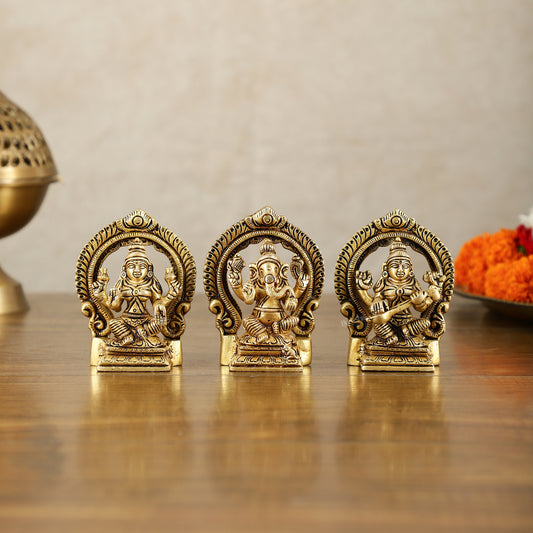 Small Pure Brass Ganesha Lakshmi Saraswati Idols with Prabhavali - 3 Inch