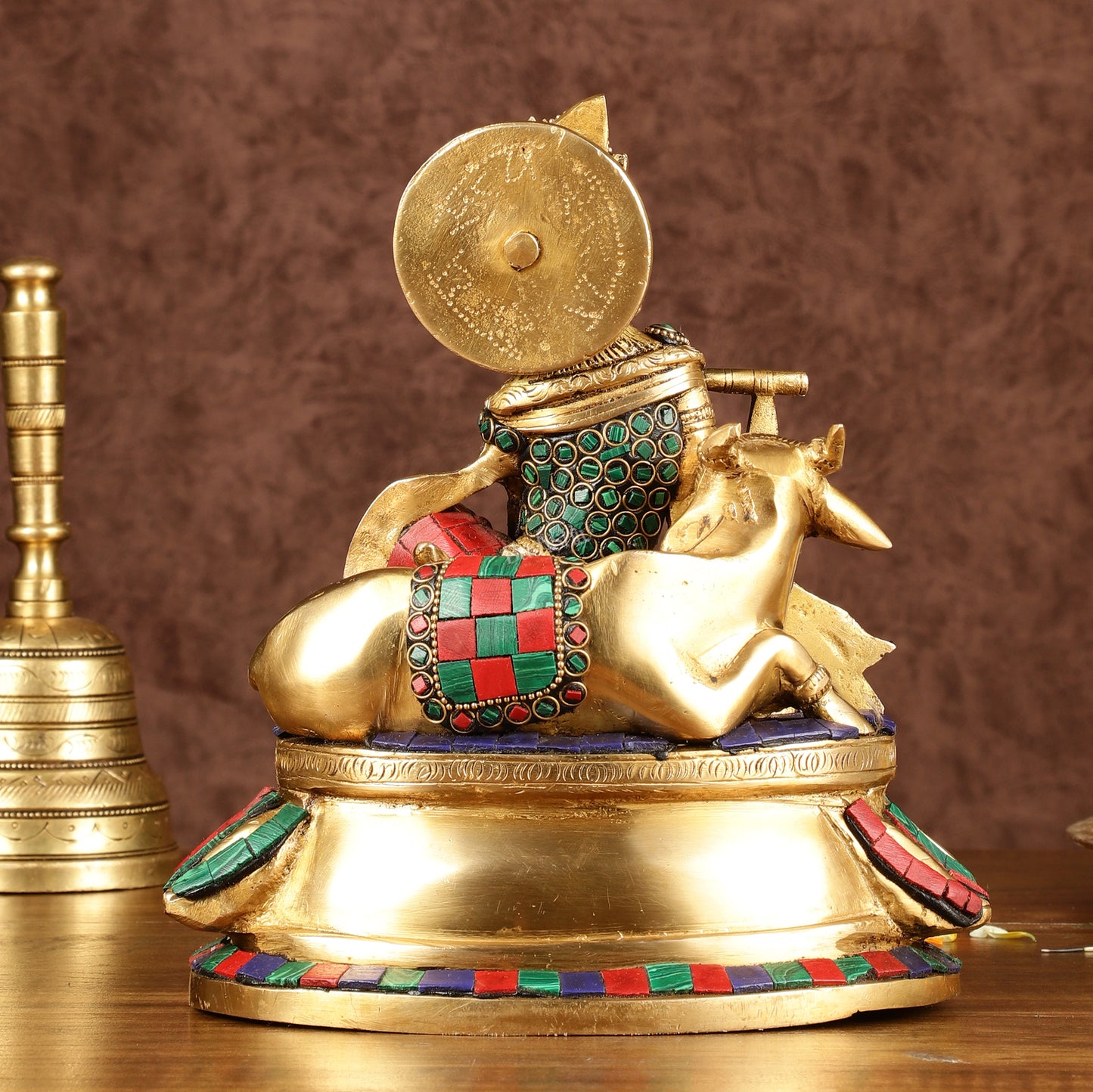 Lord krishna seated with cow brass idol with stonework 7.5 inch