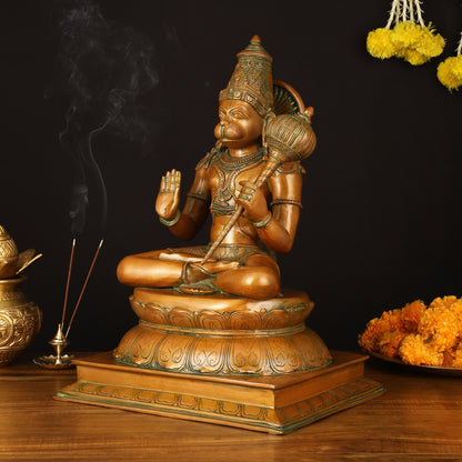 Handcrafted Brass Blessing Hanuman Sculpture - 18" Height, Antique Bronze Tone