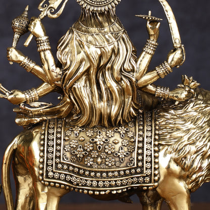 Brass Superfine Goddess Durga Ambe Mata Sitting on Lion - 8" Tall