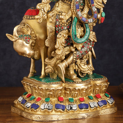 Handcrafted Lord Krishna with Cow Brass Statue - 17" Exquisite Sculpture