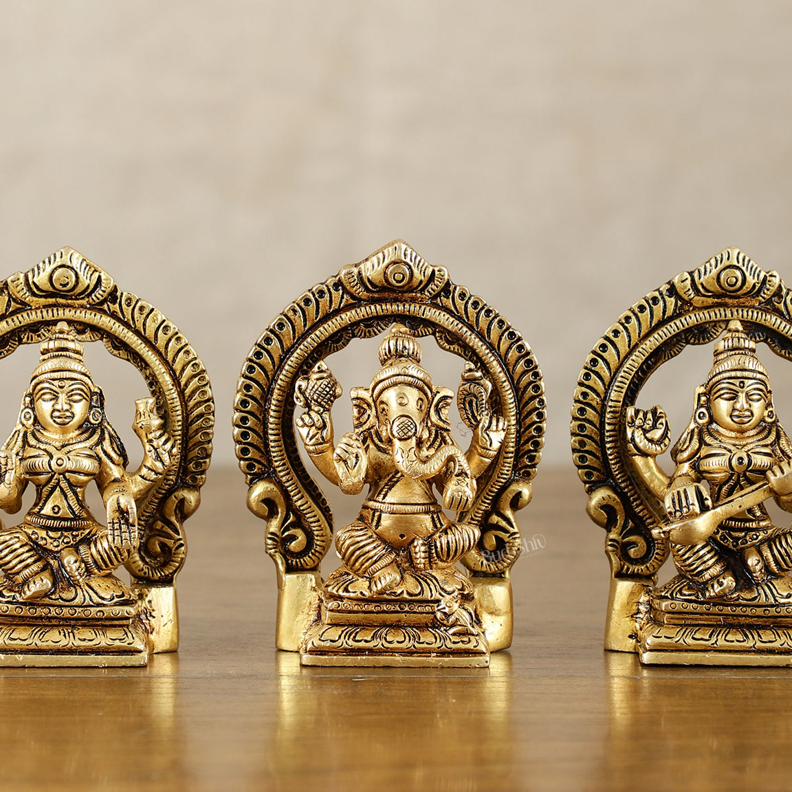 Small Pure Brass Ganesha Lakshmi Saraswati Idols with Prabhavali - 3 Inch