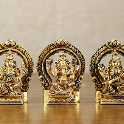 Small Pure Brass Ganesha Lakshmi Saraswati Idols with Prabhavali - 3 Inch