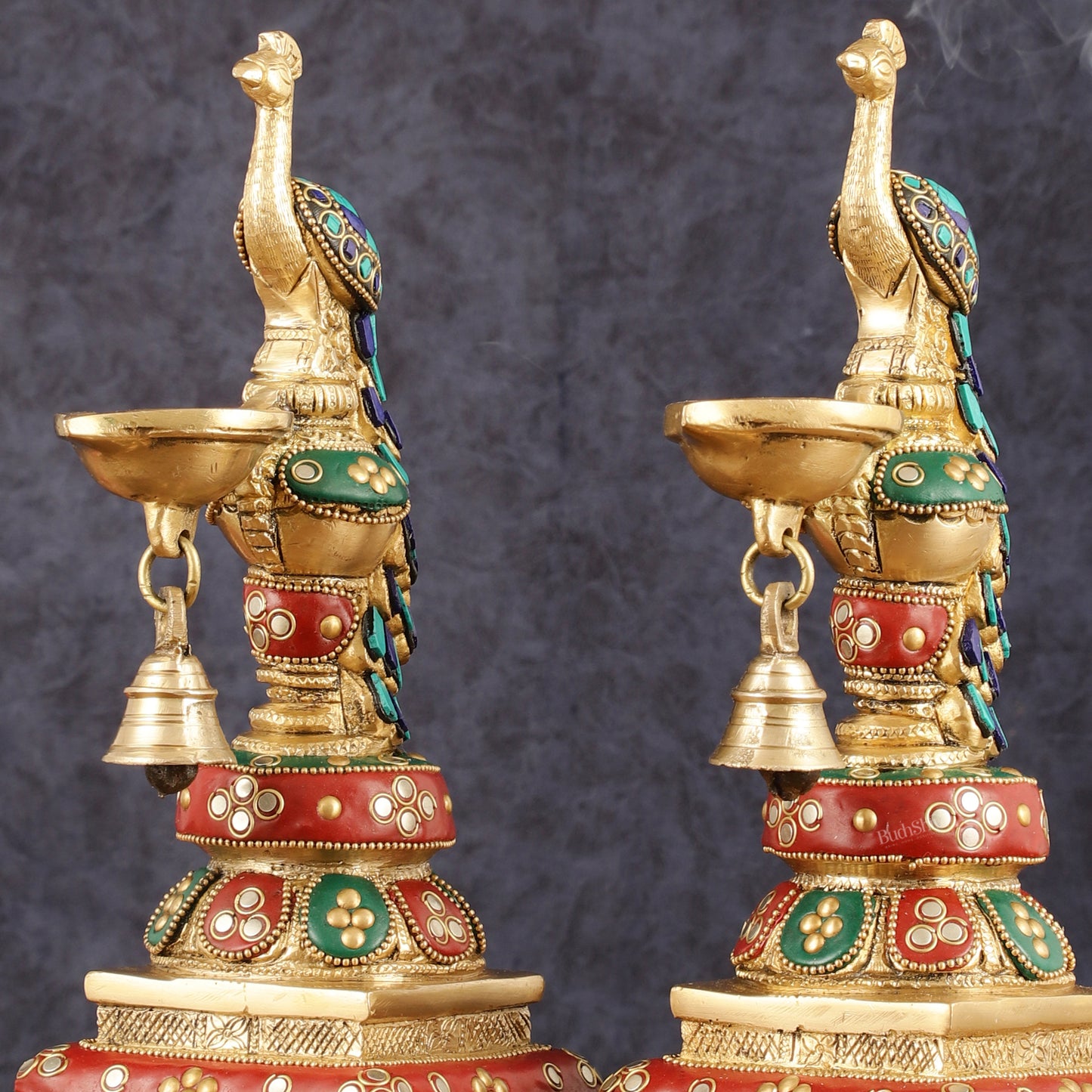 Pure Brass Peacock Diya with Meenakari Work - Pair, 11" Height