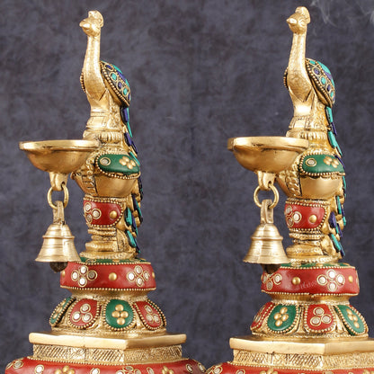 Pure Brass Peacock Diya with Meenakari Work - Pair, 11" Height