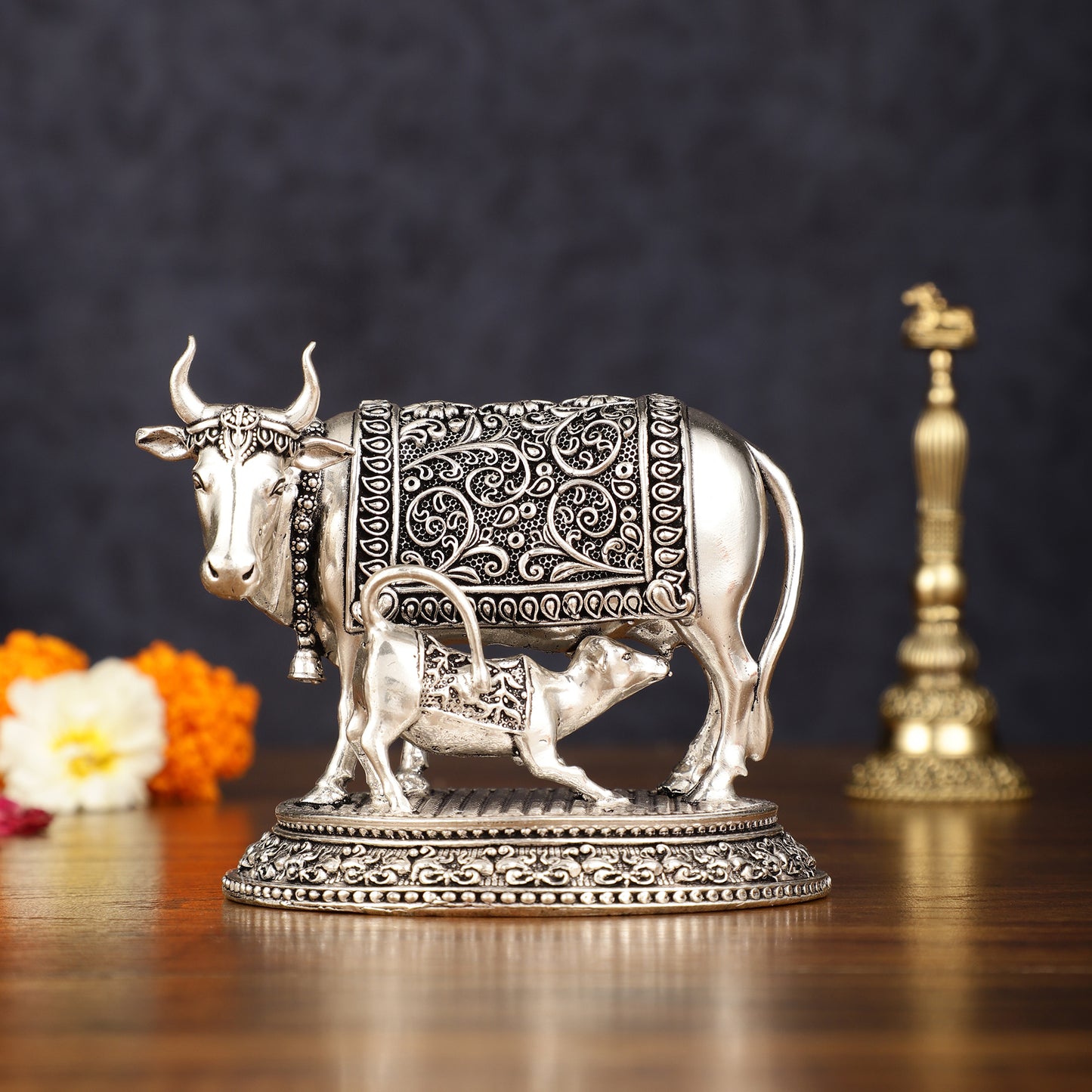 Pure Brass Silver Plated Kamdhenu Cow with Calf Idol - 4" Tall