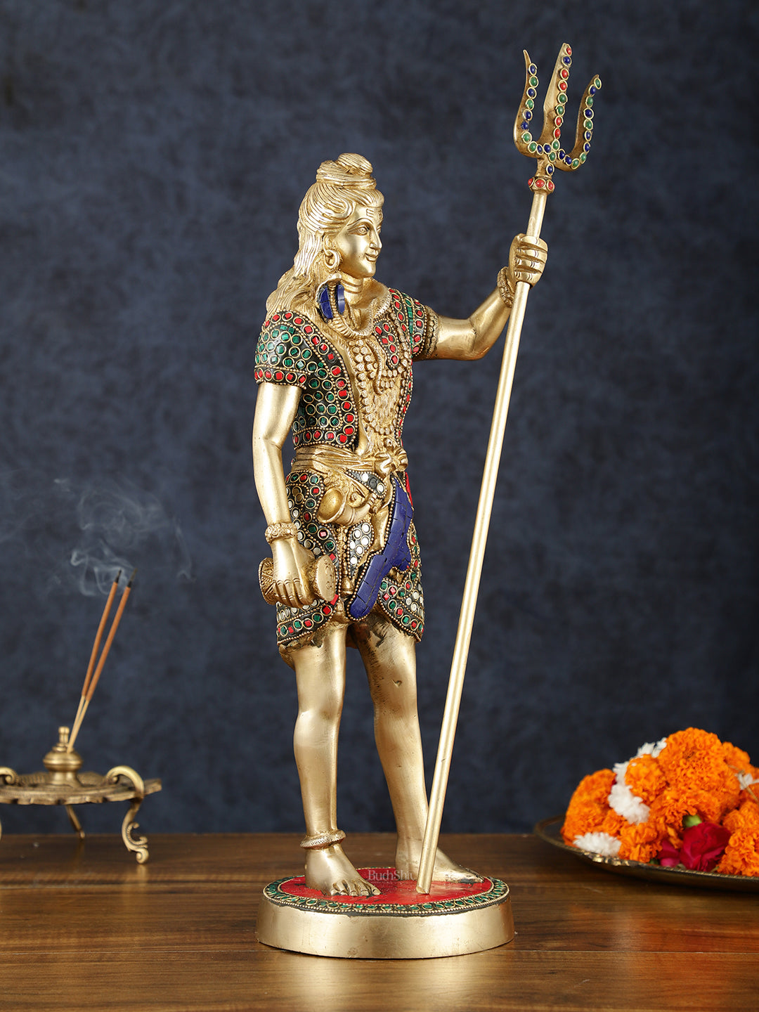 Brass lord Shiva standing Statue with Damru and Trishul – 18" Height, Meenakari Stonework