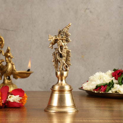 Pure Brass Handcrafted Hand Bell with Krishna - 7 in Height