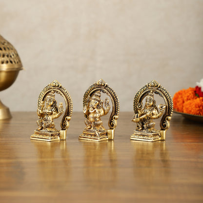 Small Pure Brass Ganesha Lakshmi Saraswati Idols with Prabhavali - 3 Inch