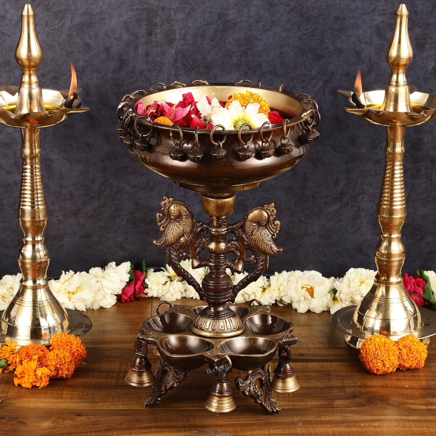 Pure Brass Urli with Stand Diyas - Antique Finish | 13 Inch