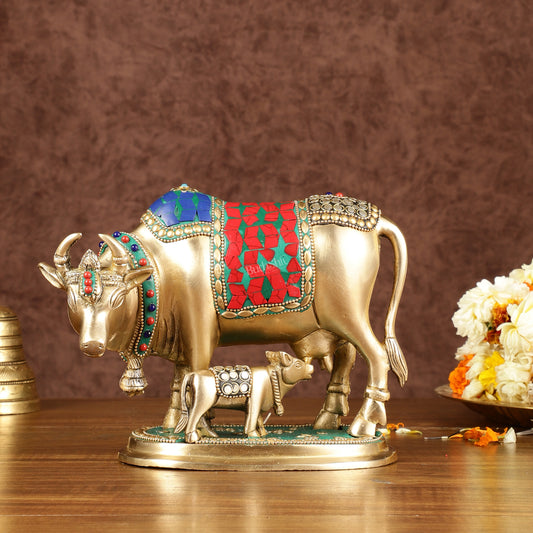 Multi-Colour Brass Kamadhenu Cow with Calf Idol | 8.5 inch