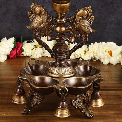 Pure Brass Urli with Stand Diyas - Antique Finish | 13 Inch