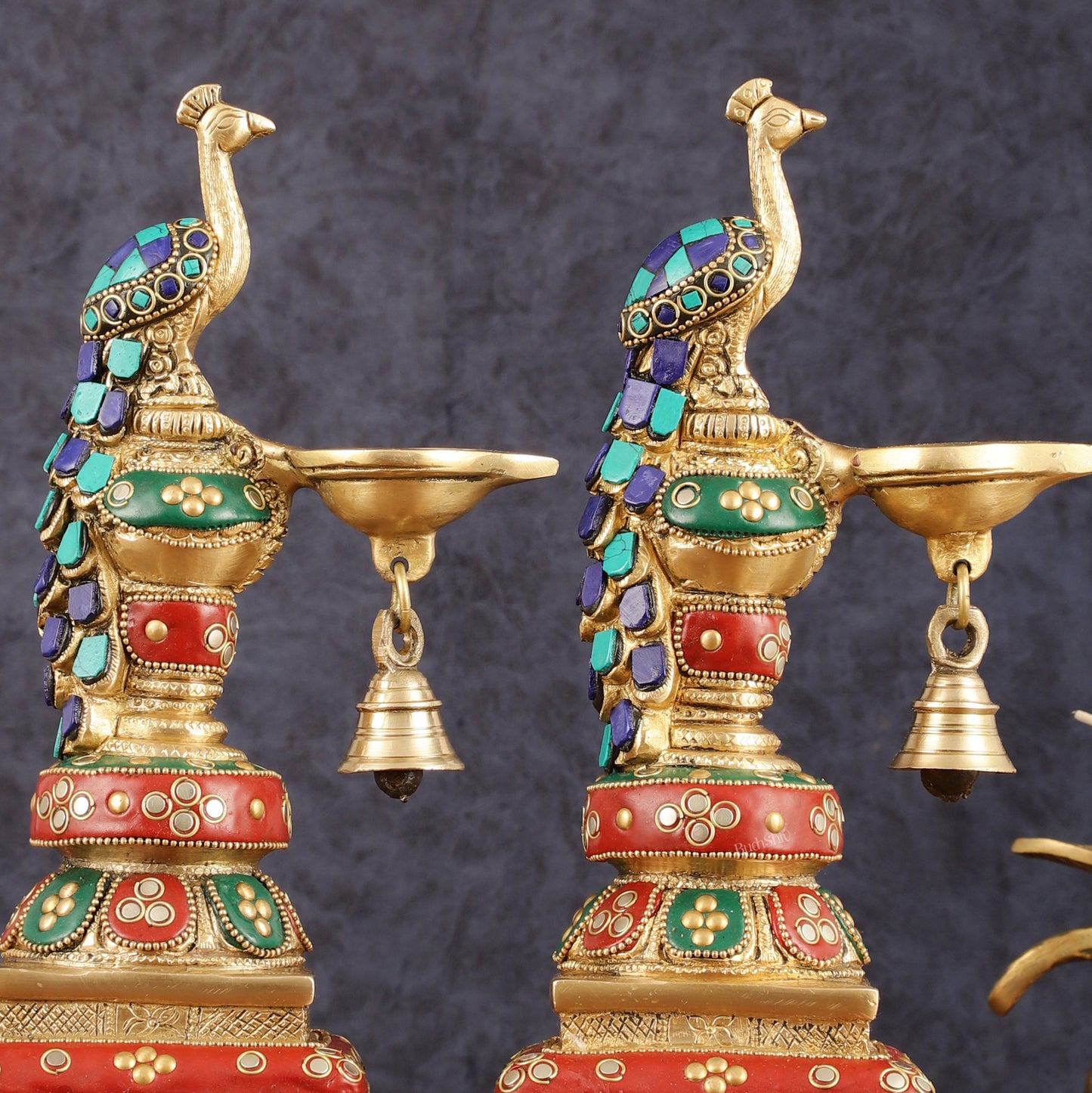 Pure Brass Peacock Diya with Meenakari Work - Pair, 11" Height