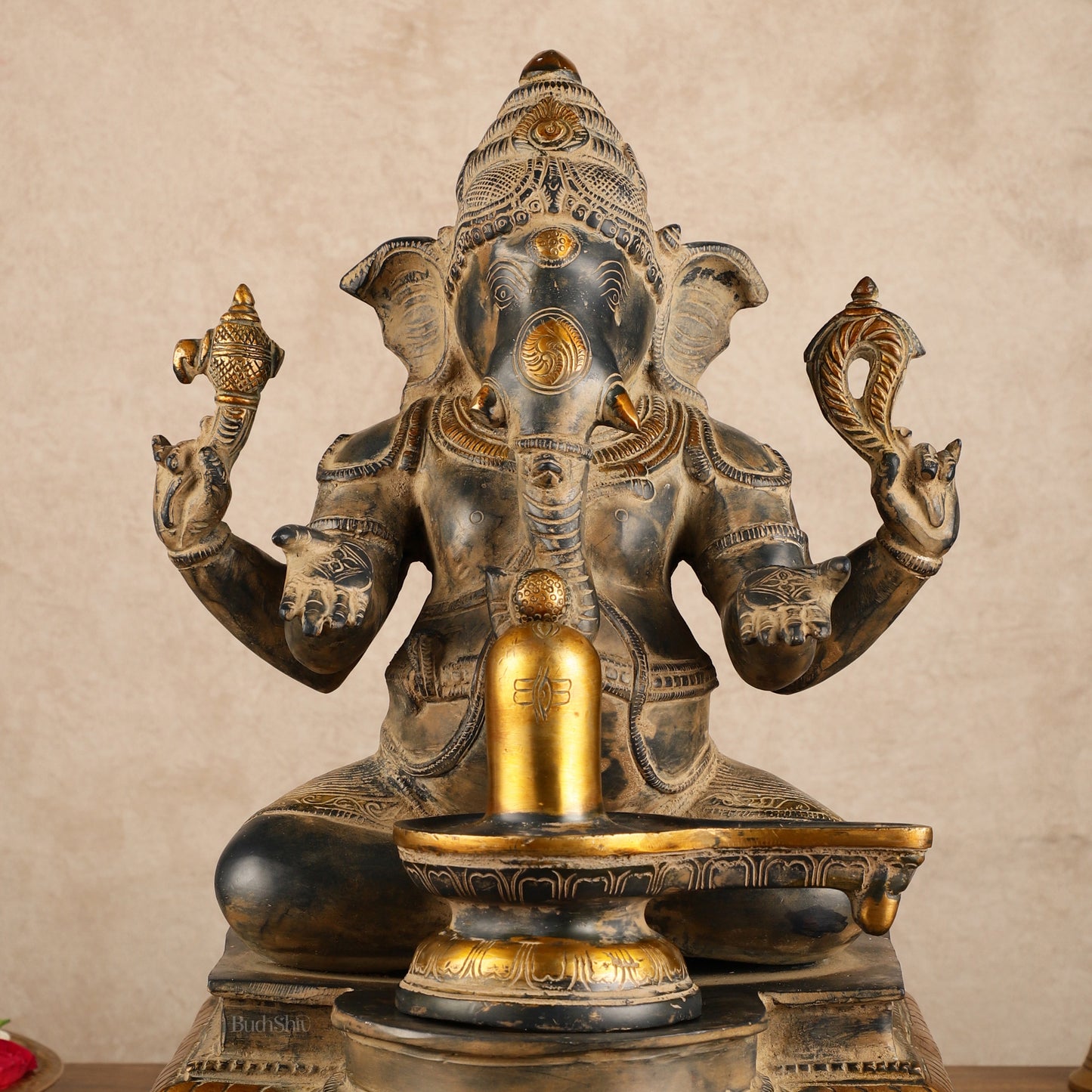 Pure Brass Ganapati with Shiv Ling Statue | Vintage Patina | 14 Inch