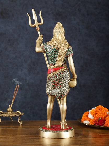 Brass lord Shiva standing Statue with Damru and Trishul – 18" Height, Meenakari Stonework