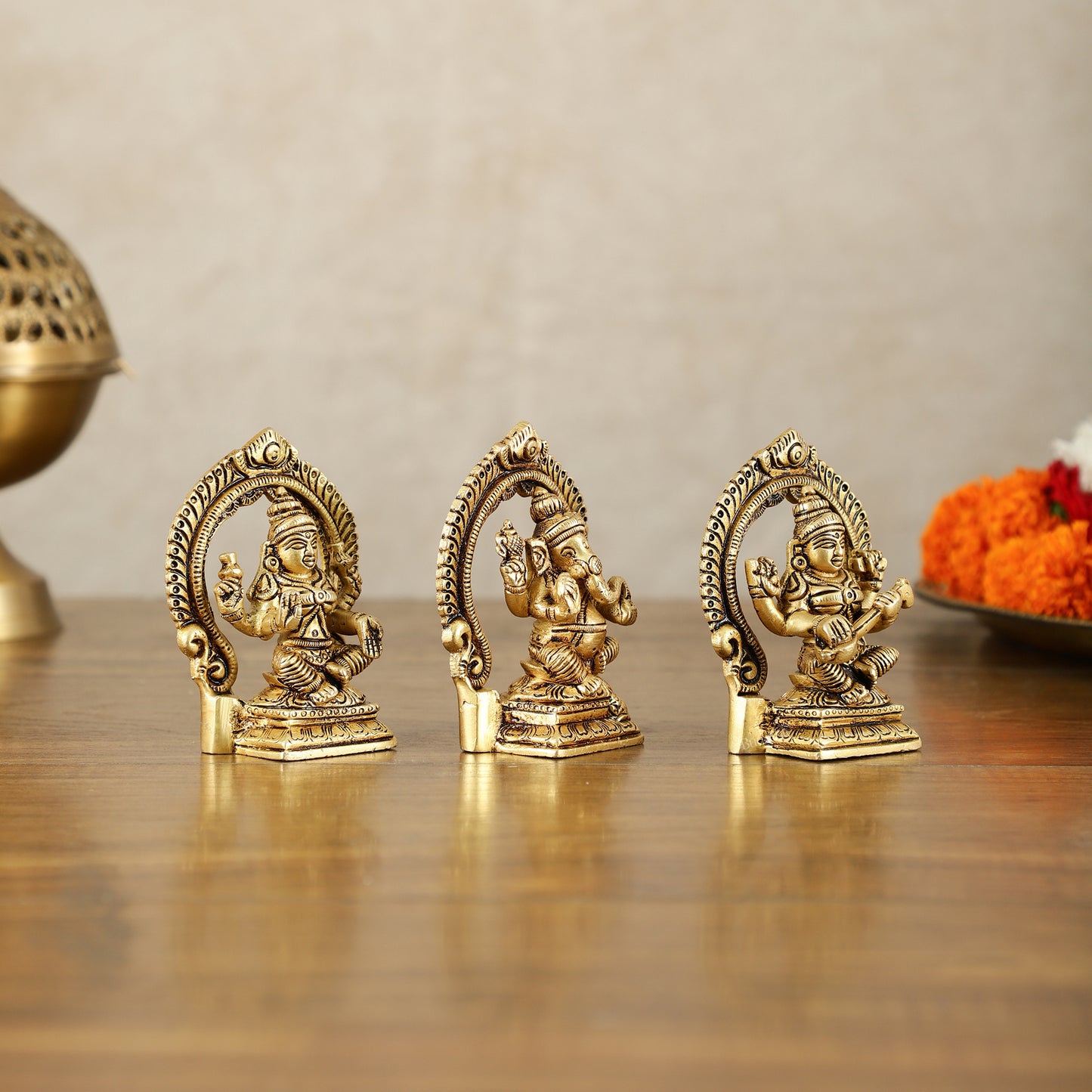 Small Pure Brass Ganesha Lakshmi Saraswati Idols with Prabhavali - 3 Inch