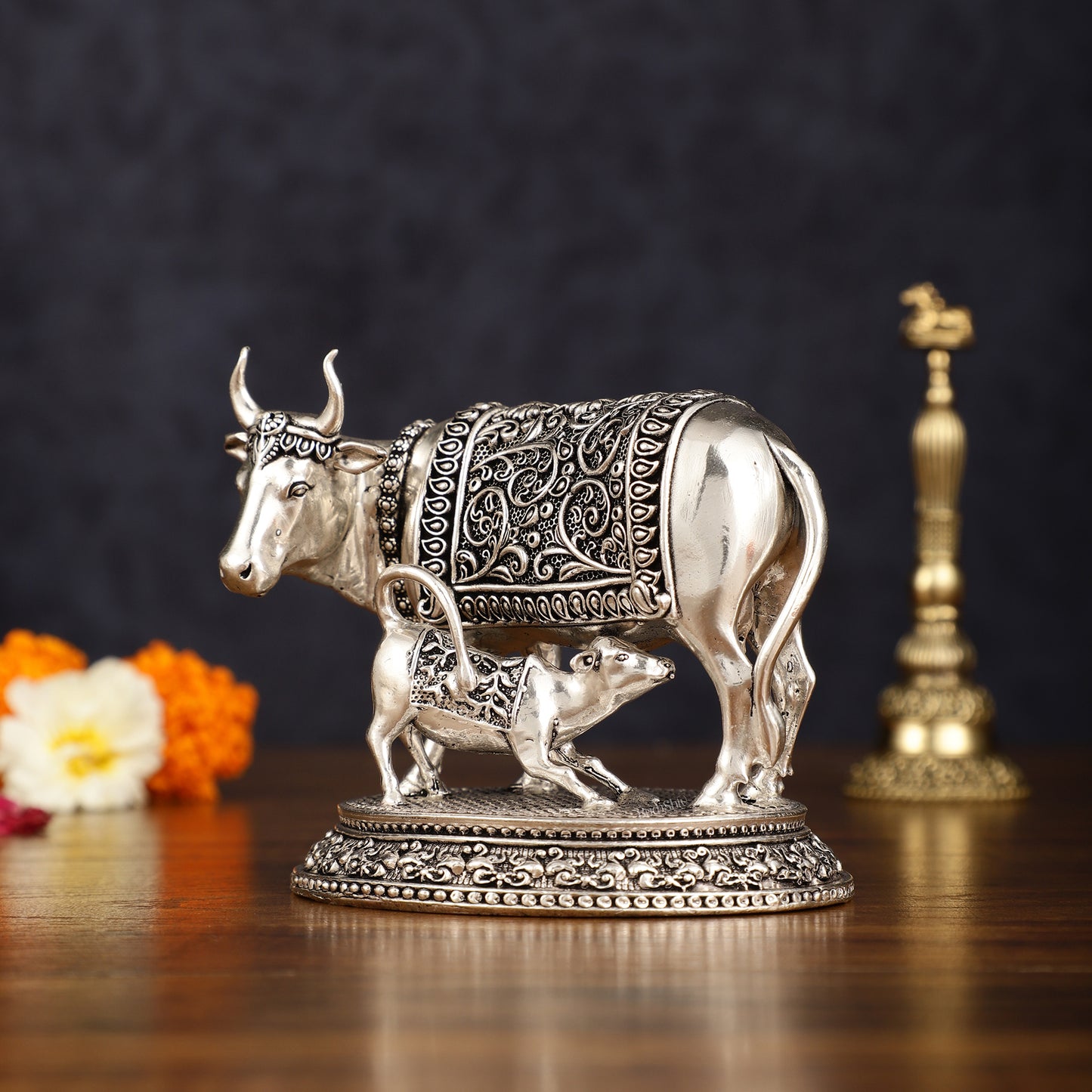 Pure Brass Silver Plated Kamdhenu Cow with Calf Idol - 4" Tall