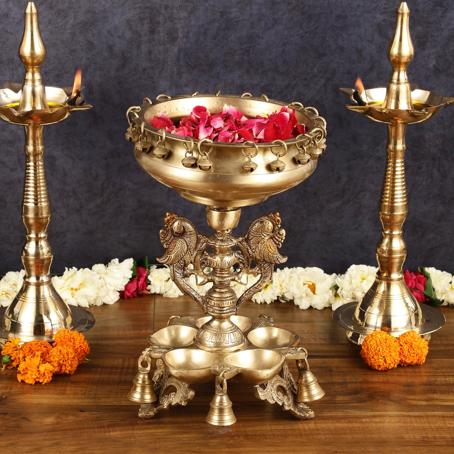 Pure Brass Urli with Stand Diyas | 13 Inch