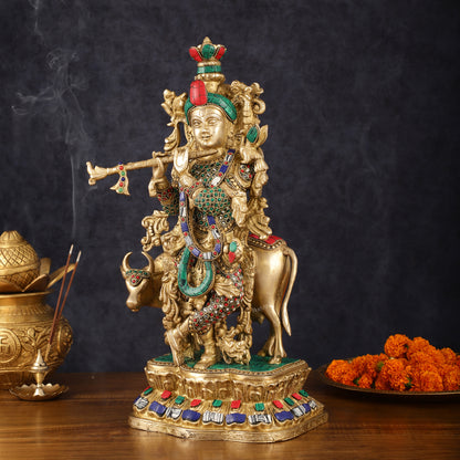 Handcrafted Lord Krishna with Cow Brass Statue - 17" Exquisite Sculpture