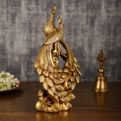 Brass Superfine Peacock Pair Sitting on Tree Trunk | 12 Inch Height | 4 KG