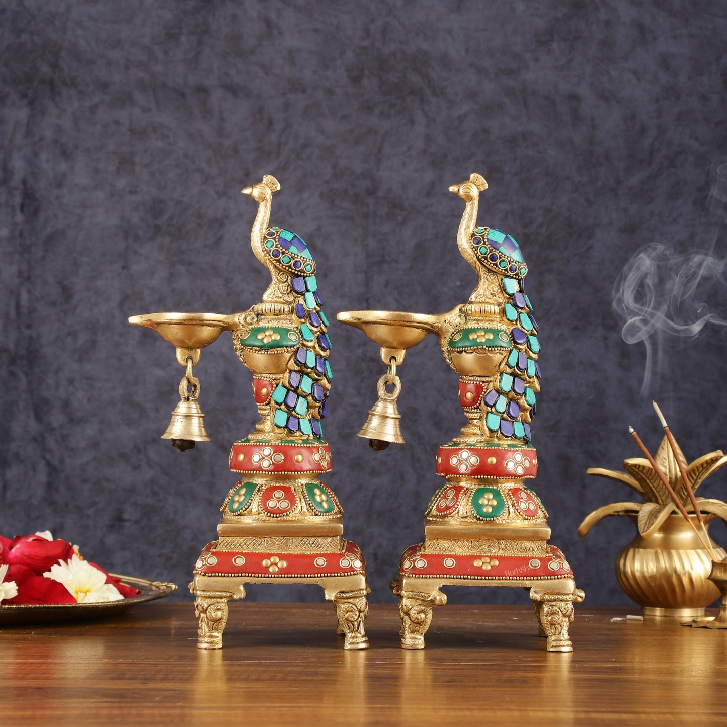 Pure Brass Peacock Diya with Meenakari Work - Pair, 11" Height