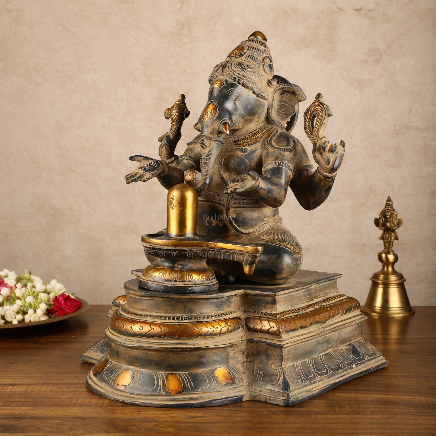 Pure Brass Ganapati with Shiv Ling Statue | Vintage Patina | 14 Inch