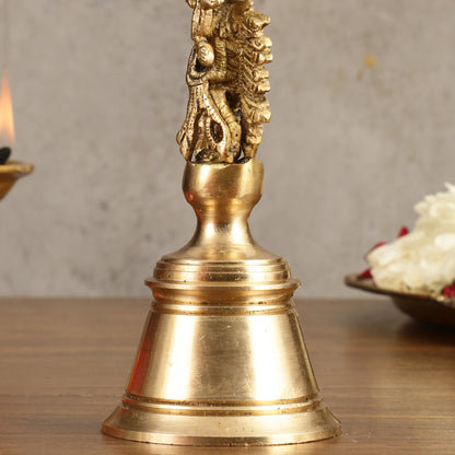 Pure Brass Handcrafted Hand Bell with Krishna - 7 in Height