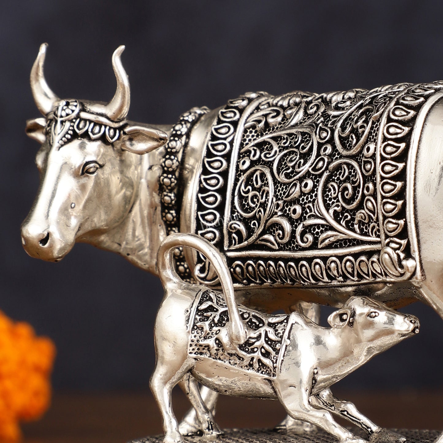 Pure Brass Silver Plated Kamdhenu Cow with Calf Idol - 4" Tall