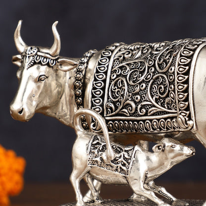 Pure Brass Silver Plated Kamdhenu Cow with Calf Idol - 4" Tall