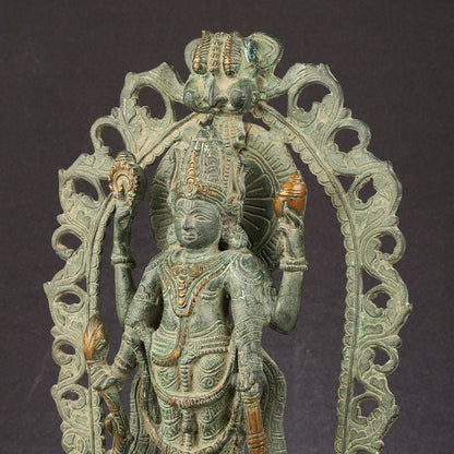 Antique Brass Standing Lord Vishnu Statue with Prabhavali - 16 inch