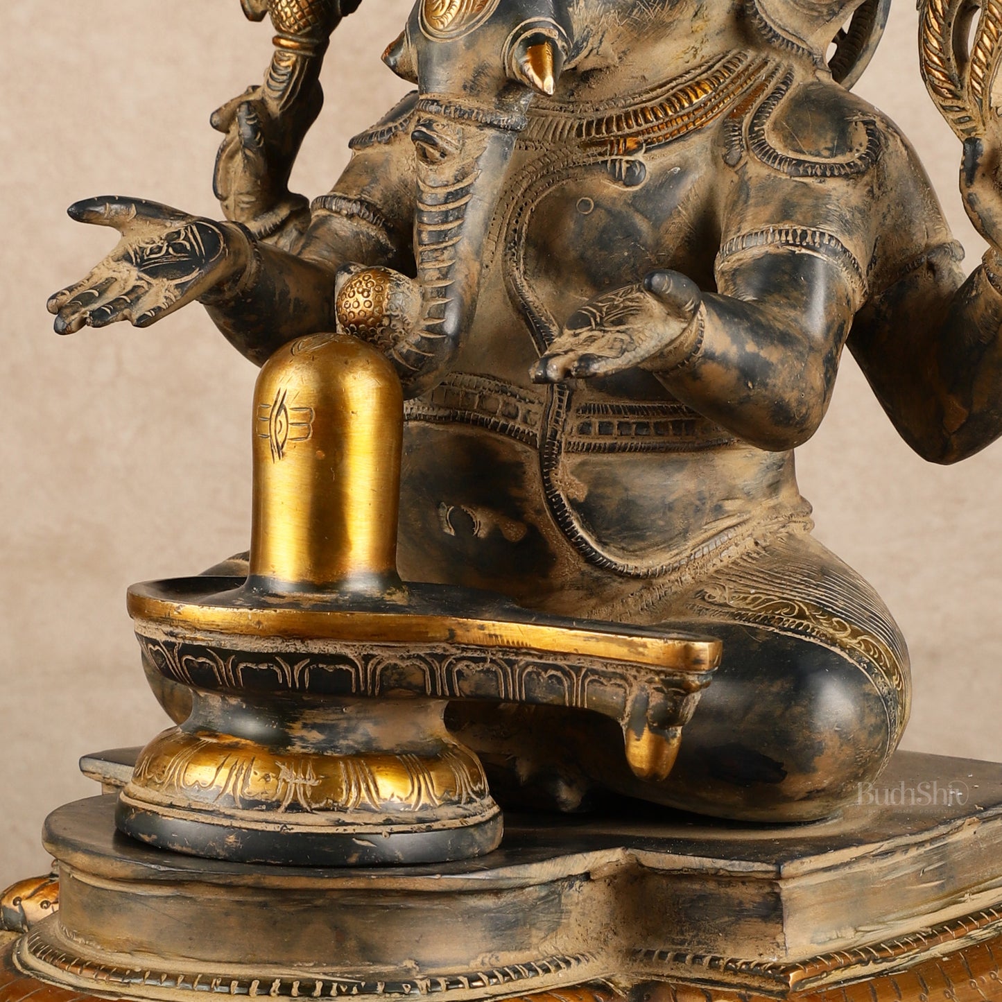 Pure Brass Ganapati with Shiv Ling Statue | Vintage Patina | 14 Inch